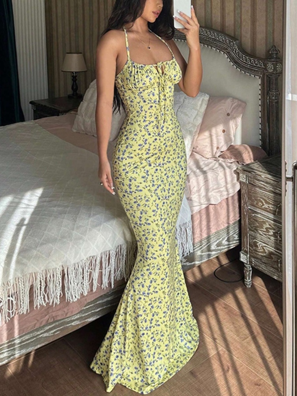 Yellow Floral Sheath Backless Maxi Dress